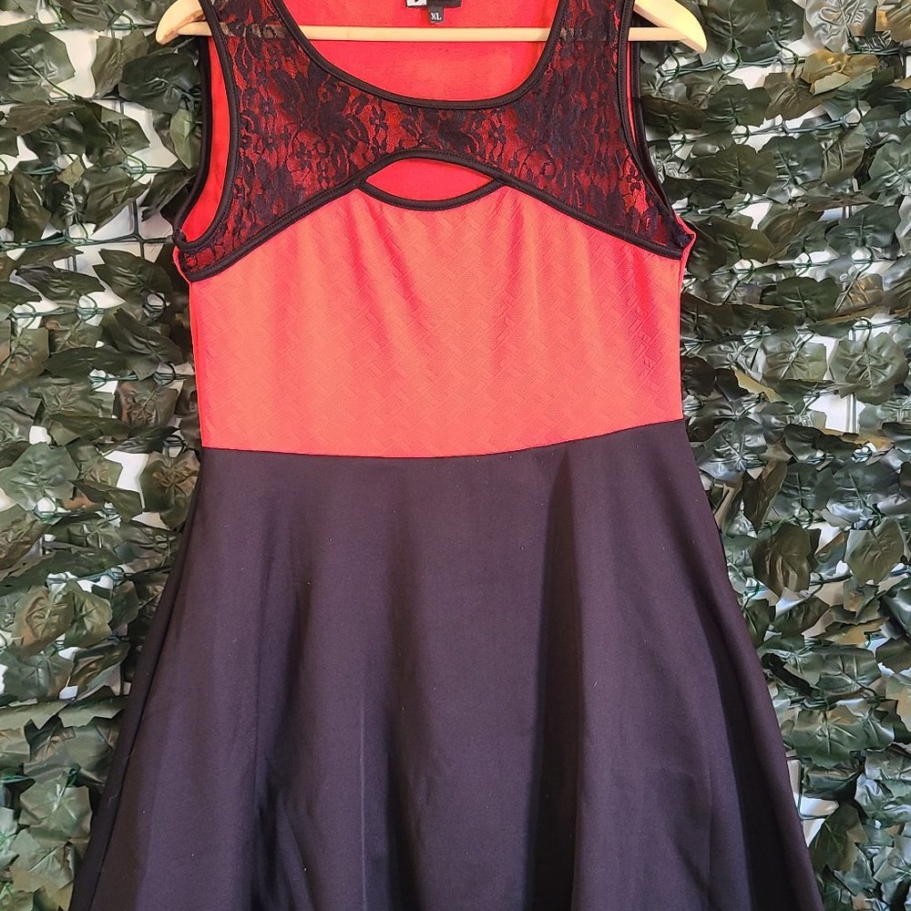 Vibe Coral and Black Laced Top Keyhole/Peep A-Line Skater Casual/Formal Dress